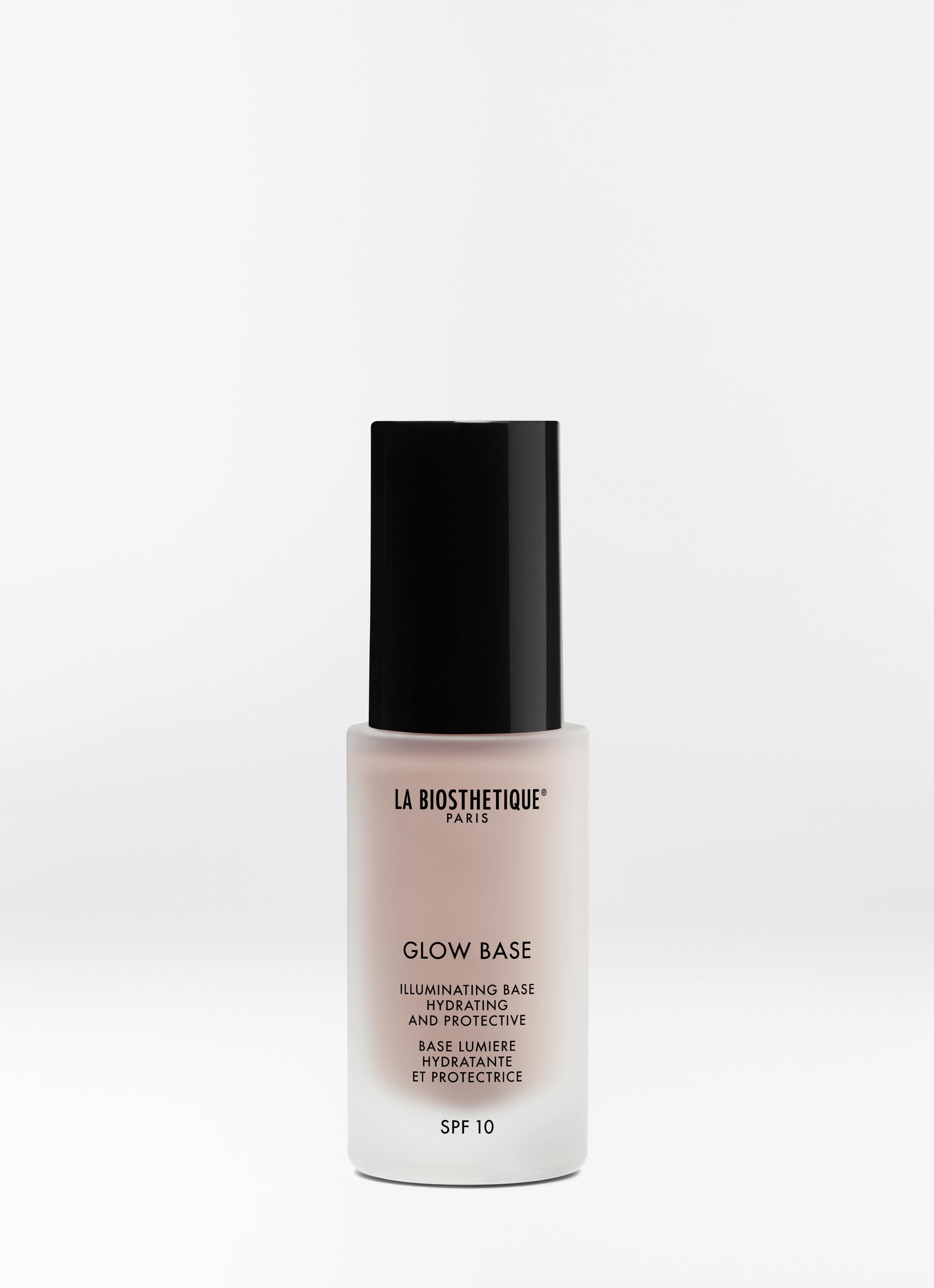 Flakon aus mattem Glas mit schwarzem Pumpspender und aufgesetzter Verschlusskappe der Glow Base in der Farbe 0/1 Light Rose