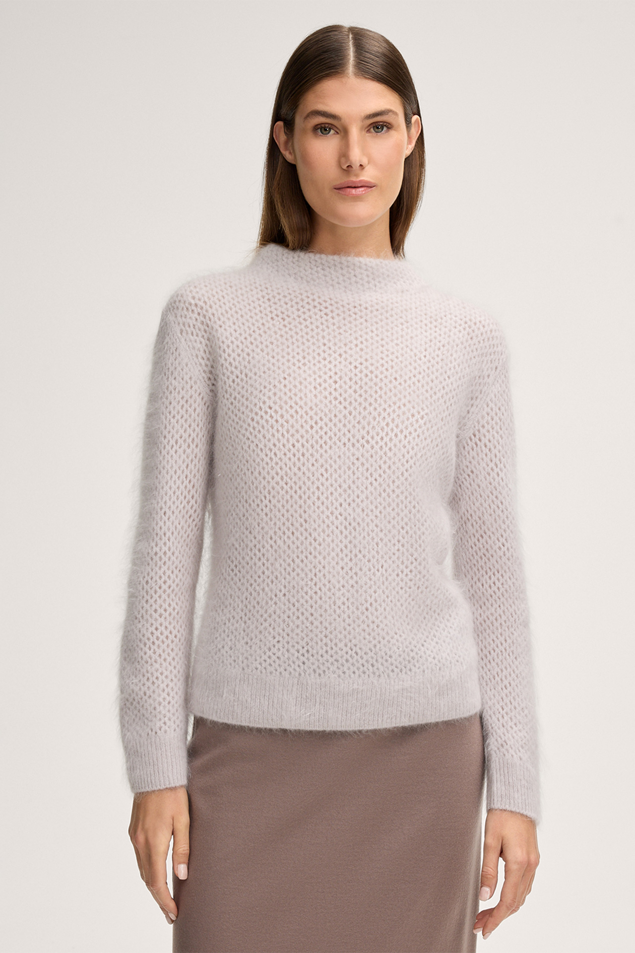 Brushed Cashmere Pullover with Stand-up Collar in Stone Grey