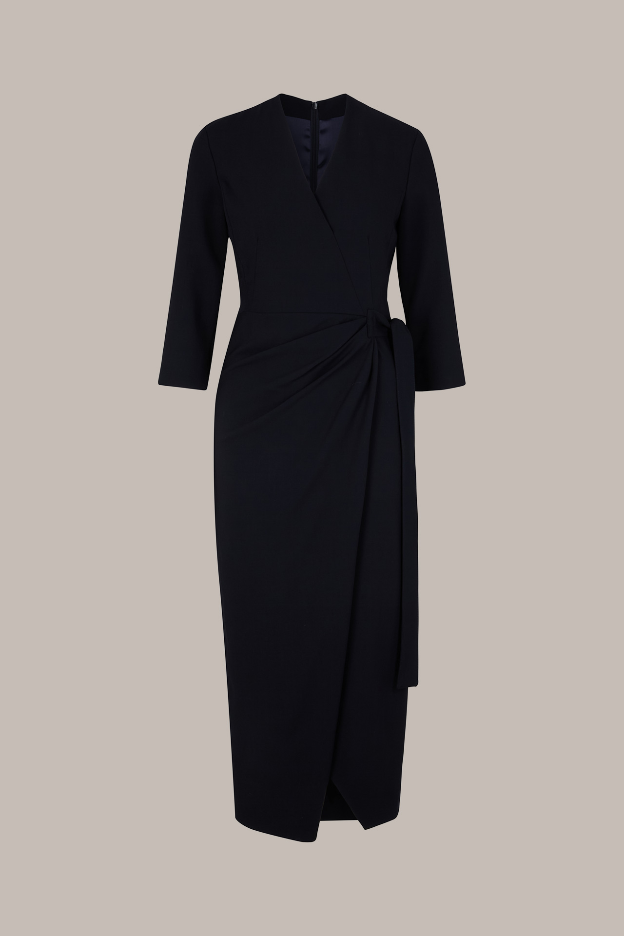 Schurwollcrêpe-Kleid mit Wickeldetail in Navy