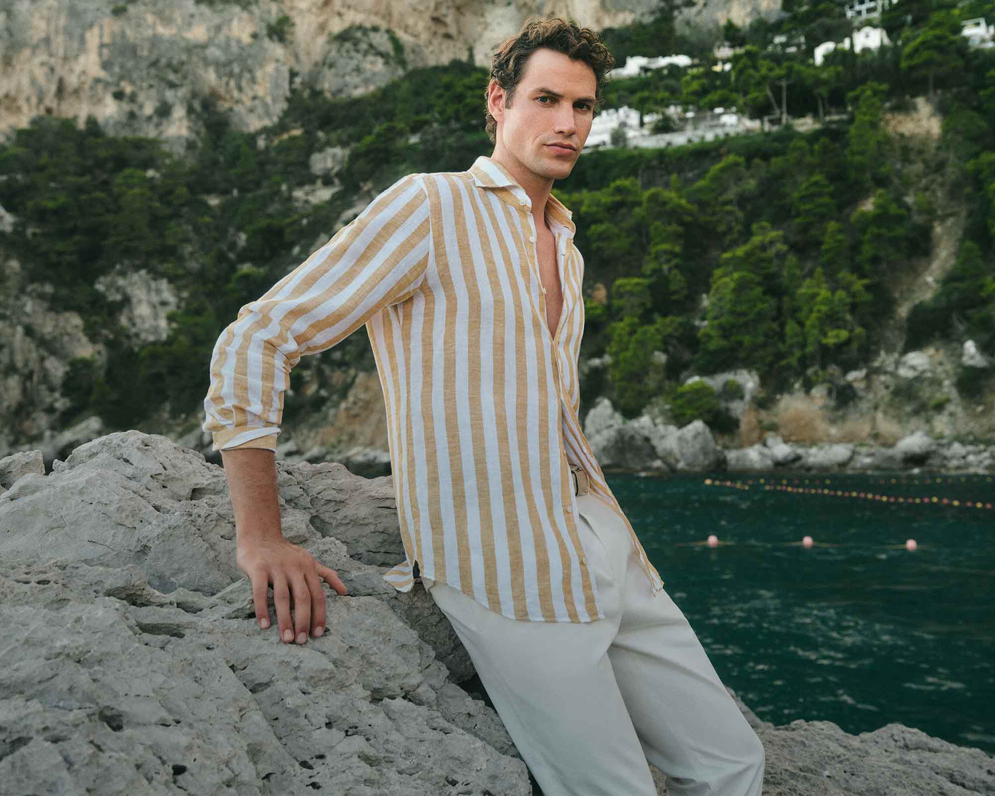 windsor men shirt in beige and white stripes and trousers in white