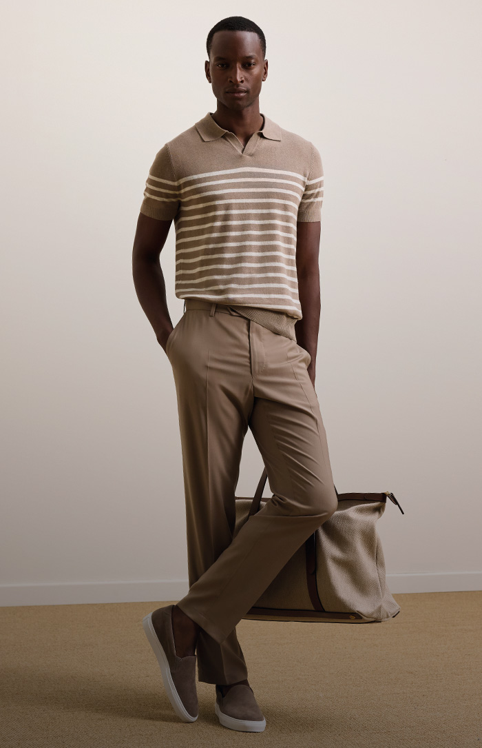 windsor men knitwear in brown with stripes in white, trousers in brown and bag in beige