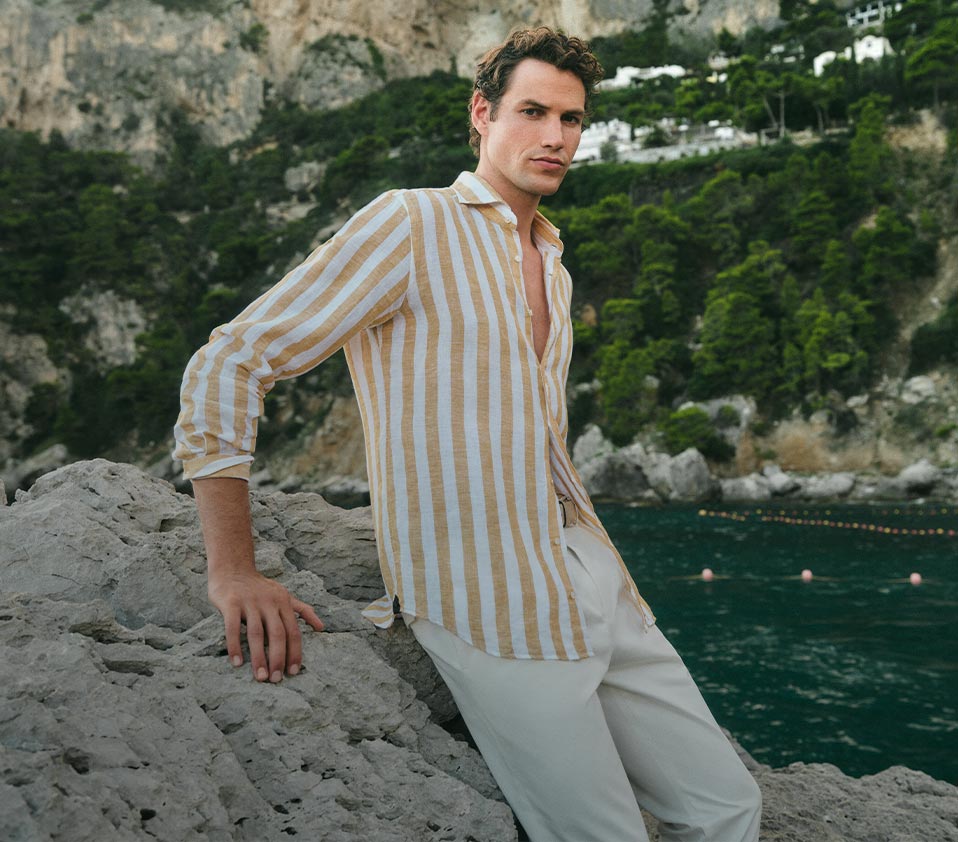 windsor men shirt in beige and white stripes and trousers in white