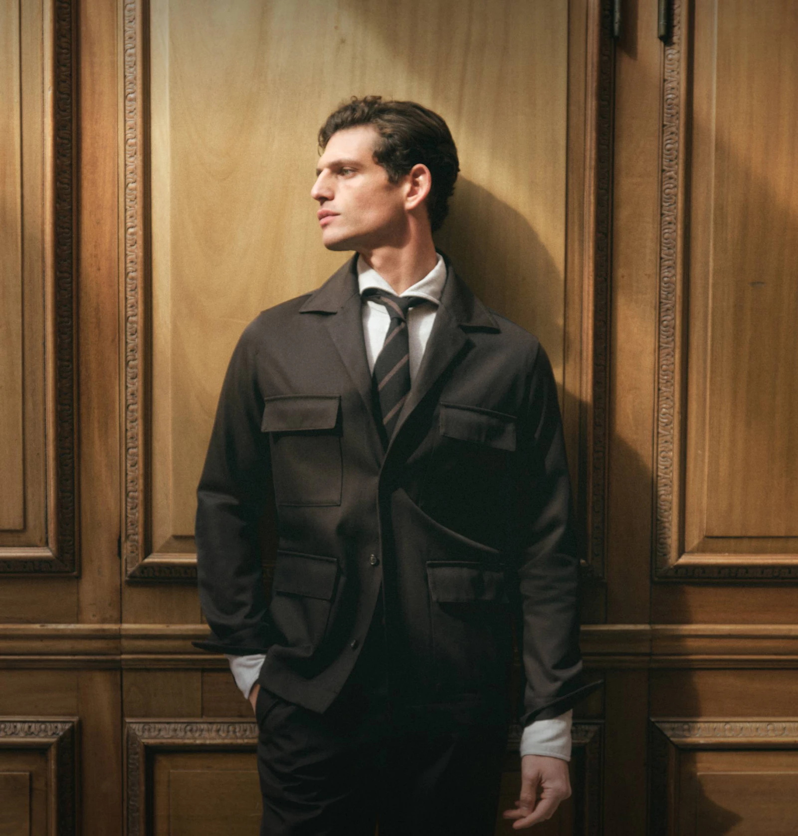 Windsor men shirt jacket in brown with white shirt and tie