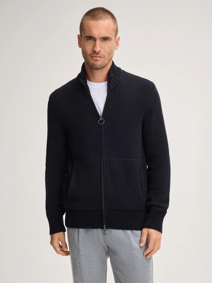 Windsor Men Cashmere Knit Jacket Ecosio with Stand-Up Collar in Navy