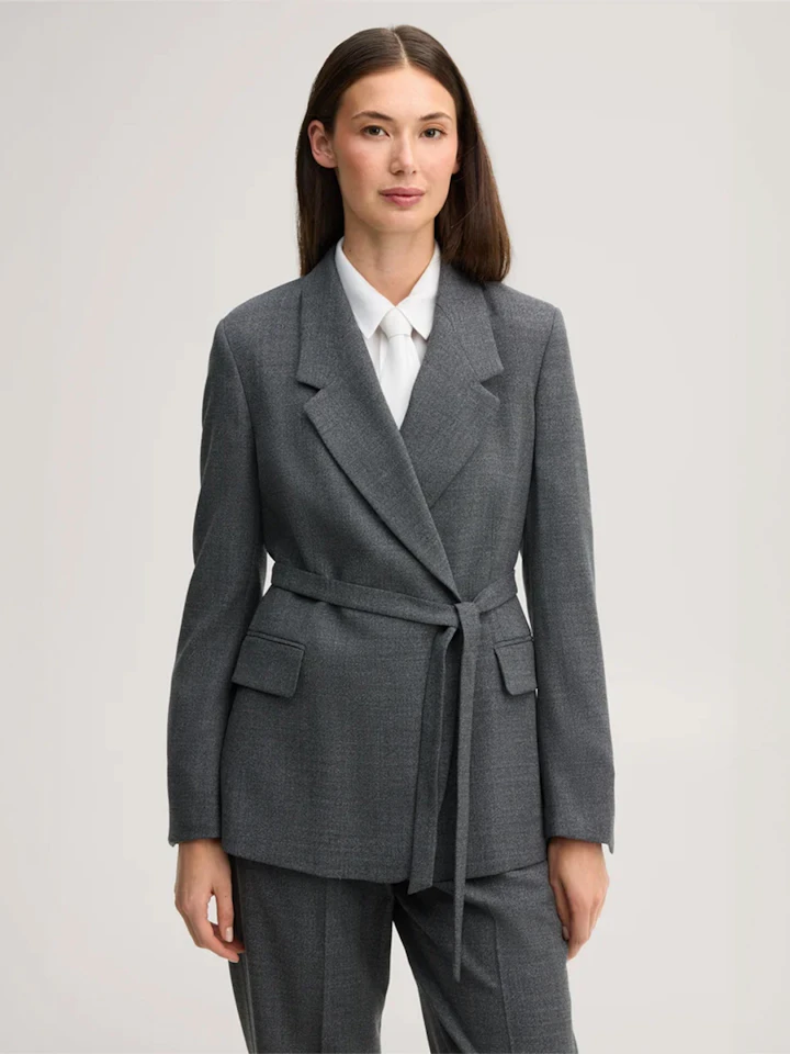 Windsor women pure wool blazer with mouline texture and belt in dark grey