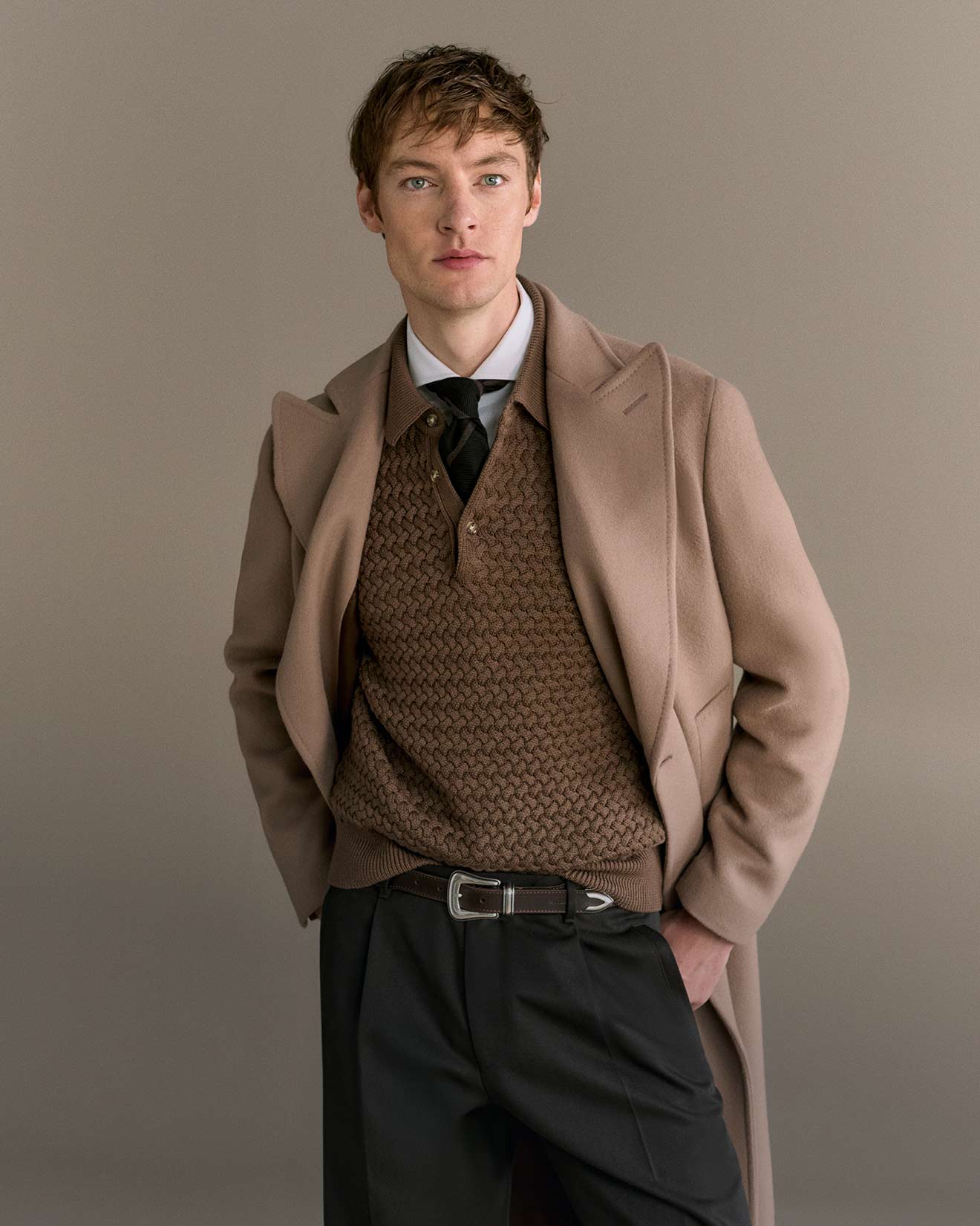 Windsor men's coat in brown with a brown knit sweater