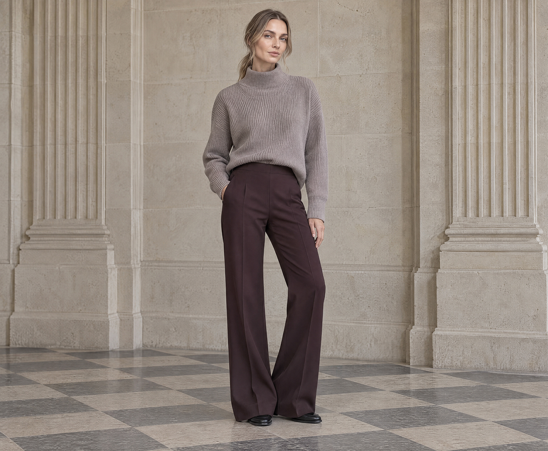 windsor Damen taupe farbener Strickpullover mit dunkelroter hose