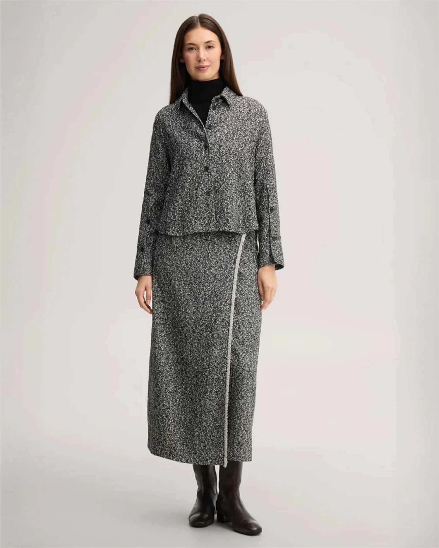 windsor damen schurwoll tweed hemdbluse mit rock in salt and pepper schwarz weiss