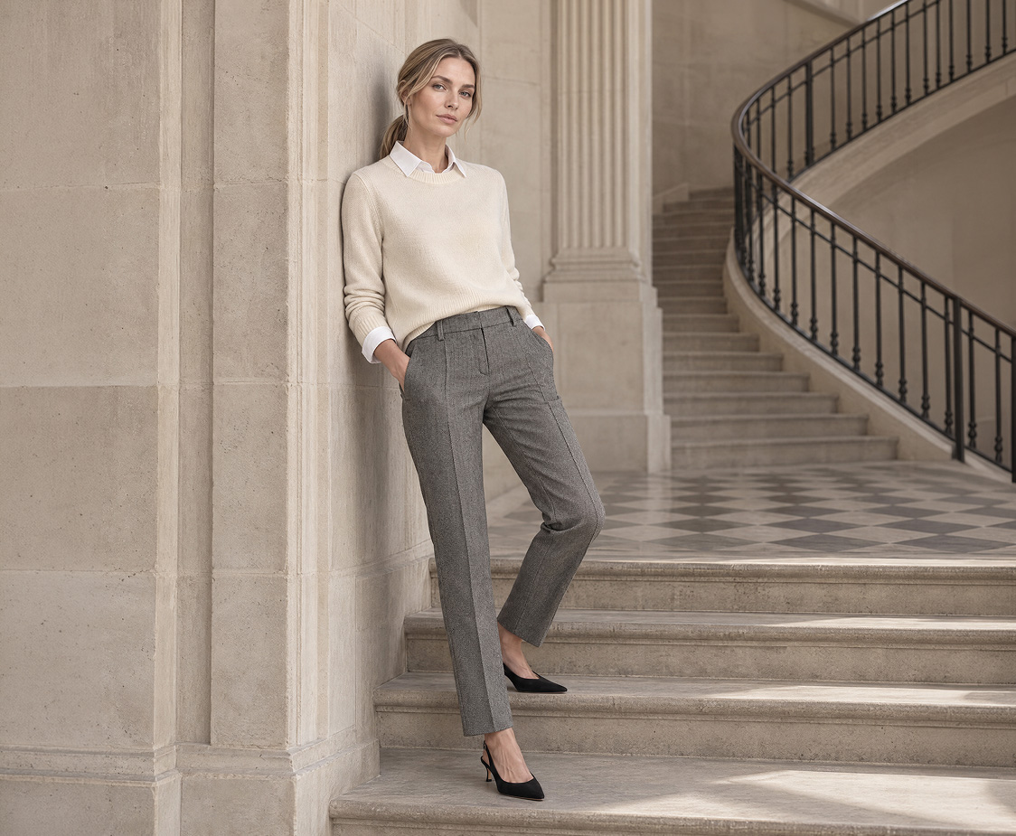windsor Damen Schurwoll-Herringbone-Zigaretten-Hose in Grau