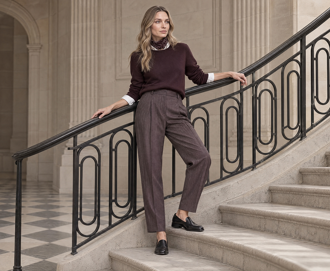 windsor Damen Schurwoll-Nadelstreifen-Flanell Karotten-Hose in Braun