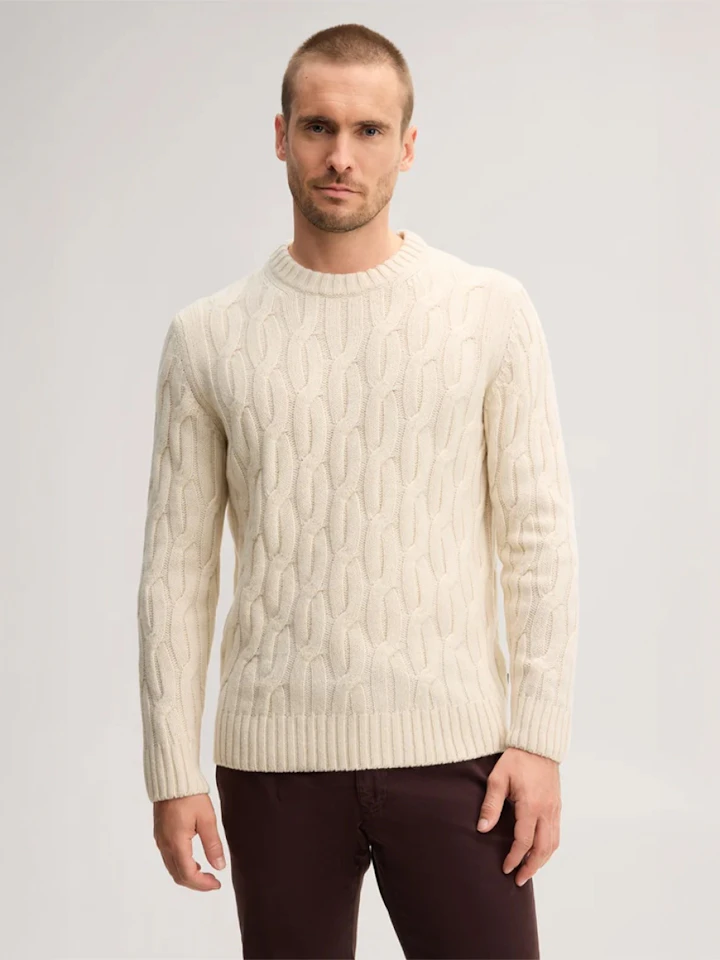 windsor Herren Cashmere-Rundhals-Pullover mit Zopfmuster in Offwhite
