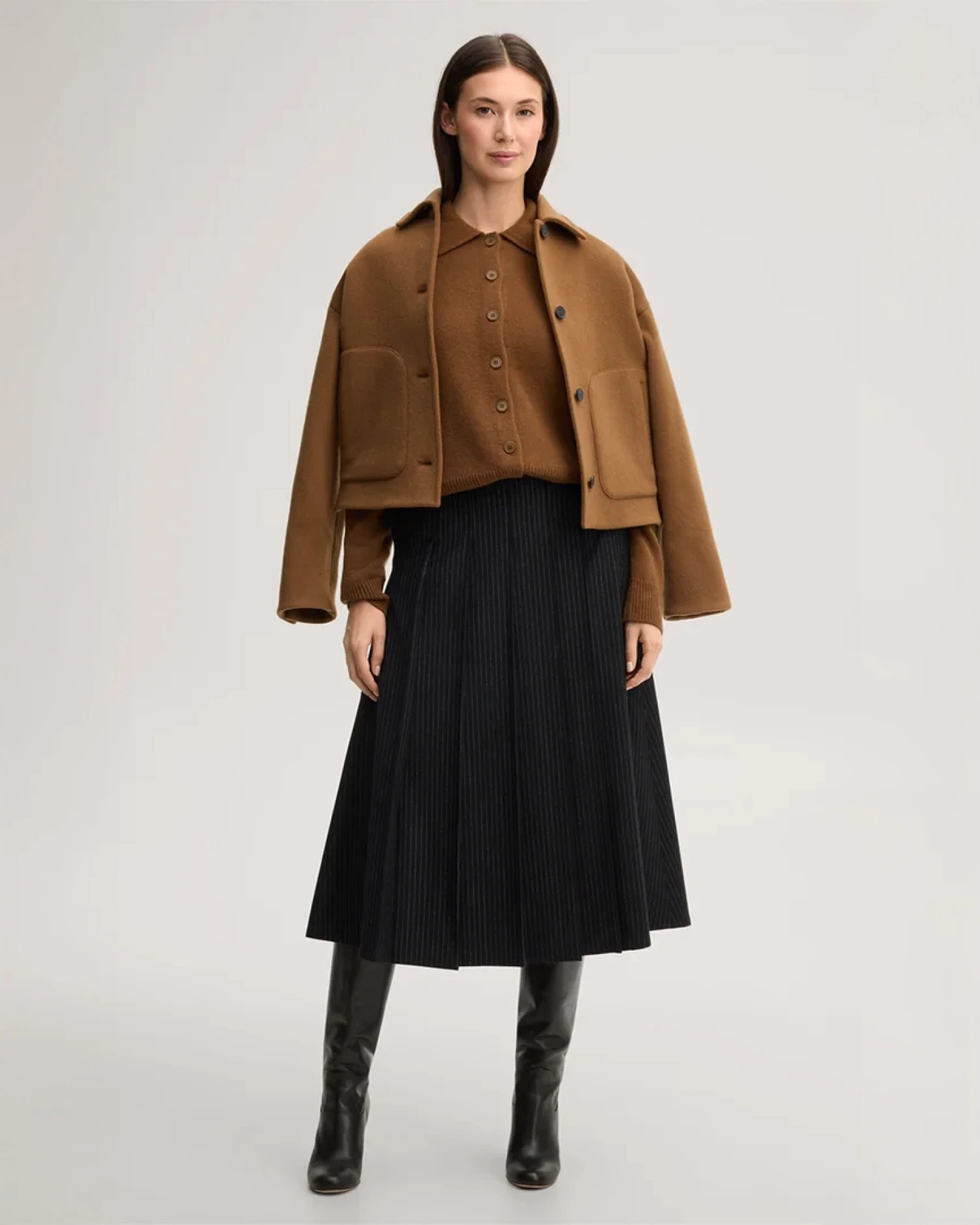 windsor Damen Schurwoll-Pinestripe-Midi-Faltenrock in Schwarz