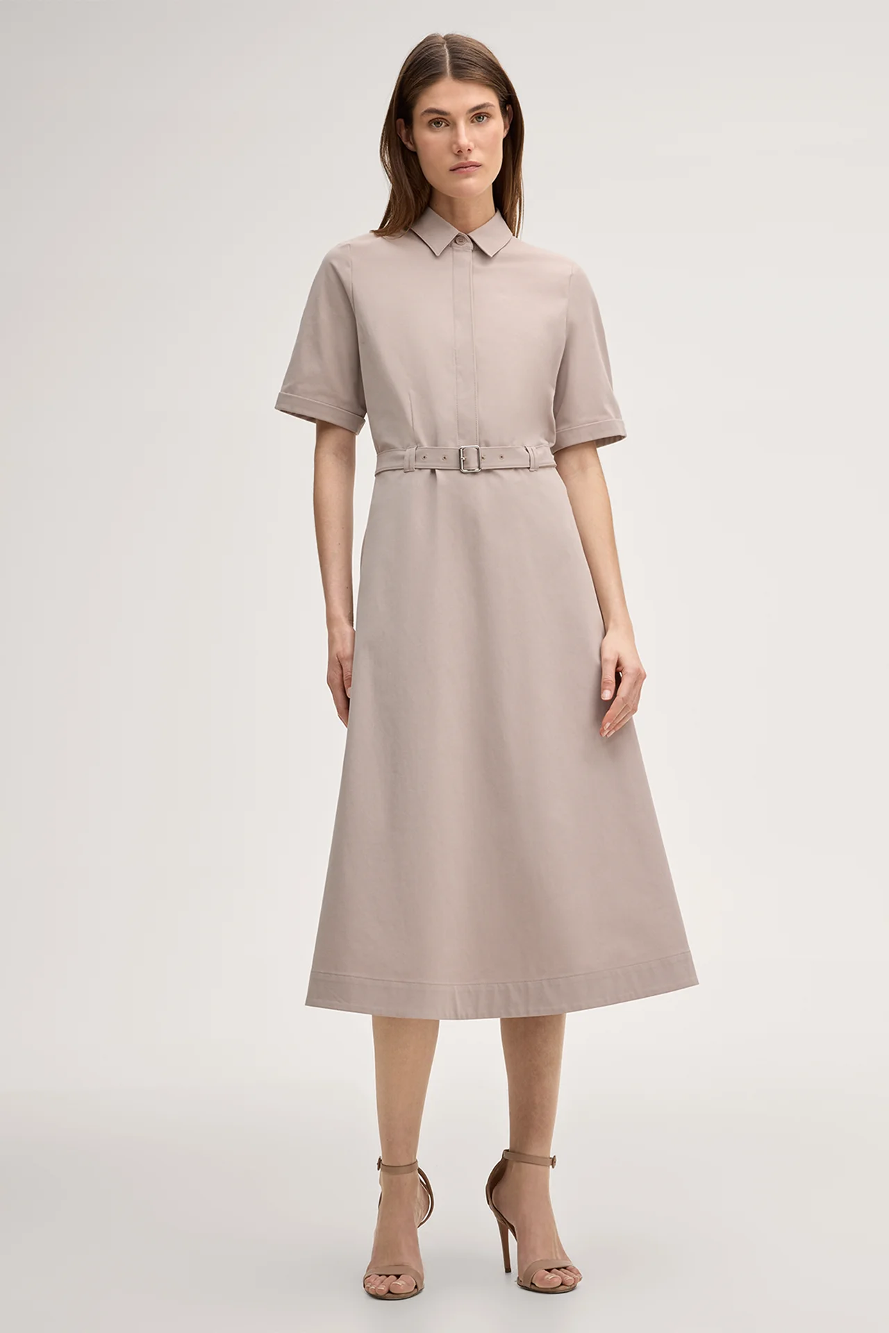 Midi-length stretch cotton gabardine shirt dress in taupe