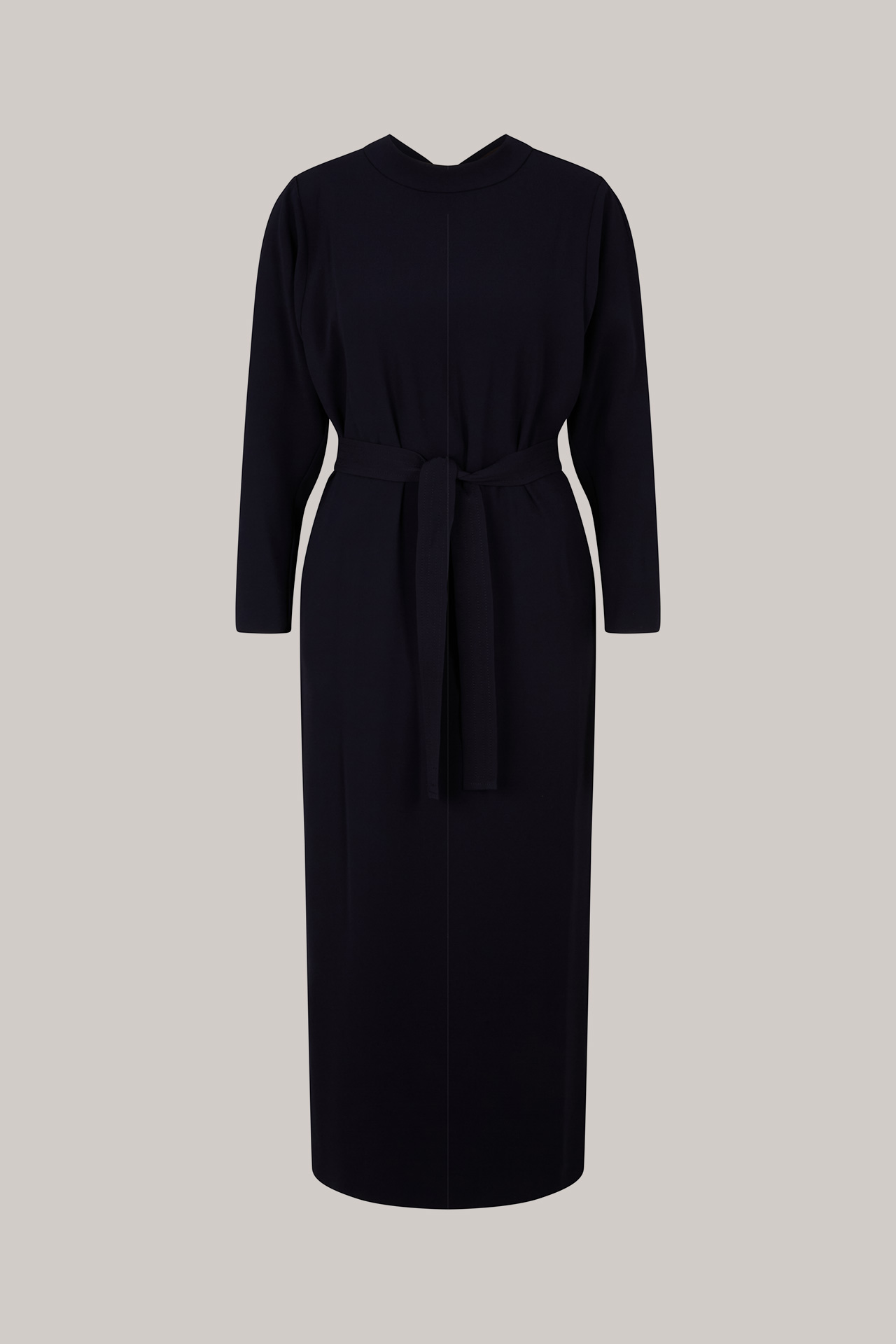 Crêpe-Maxi-Kleid mit Stehkragen und Gürtel in Navy