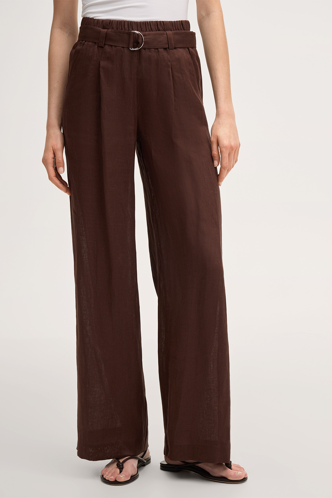 Leinen-Palazzo-Bundfalten-Hose mit Gürtel in Dunkelbraun