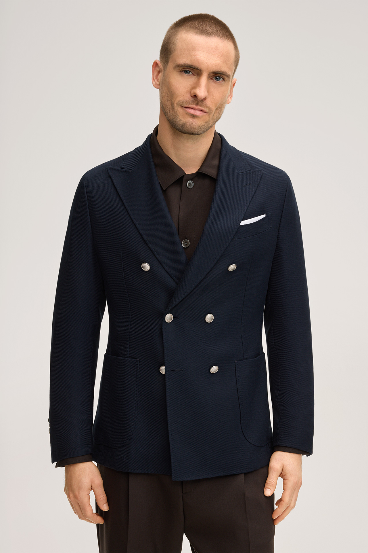 Salio Double-breasted Cotton Blend Jacket with Virgin Wool in Textured Navy