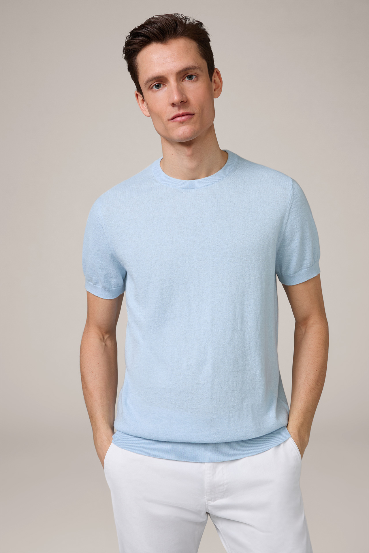 Baumwoll-Strick-T-Shirt Cashmino mit Cashmere in Hellblau