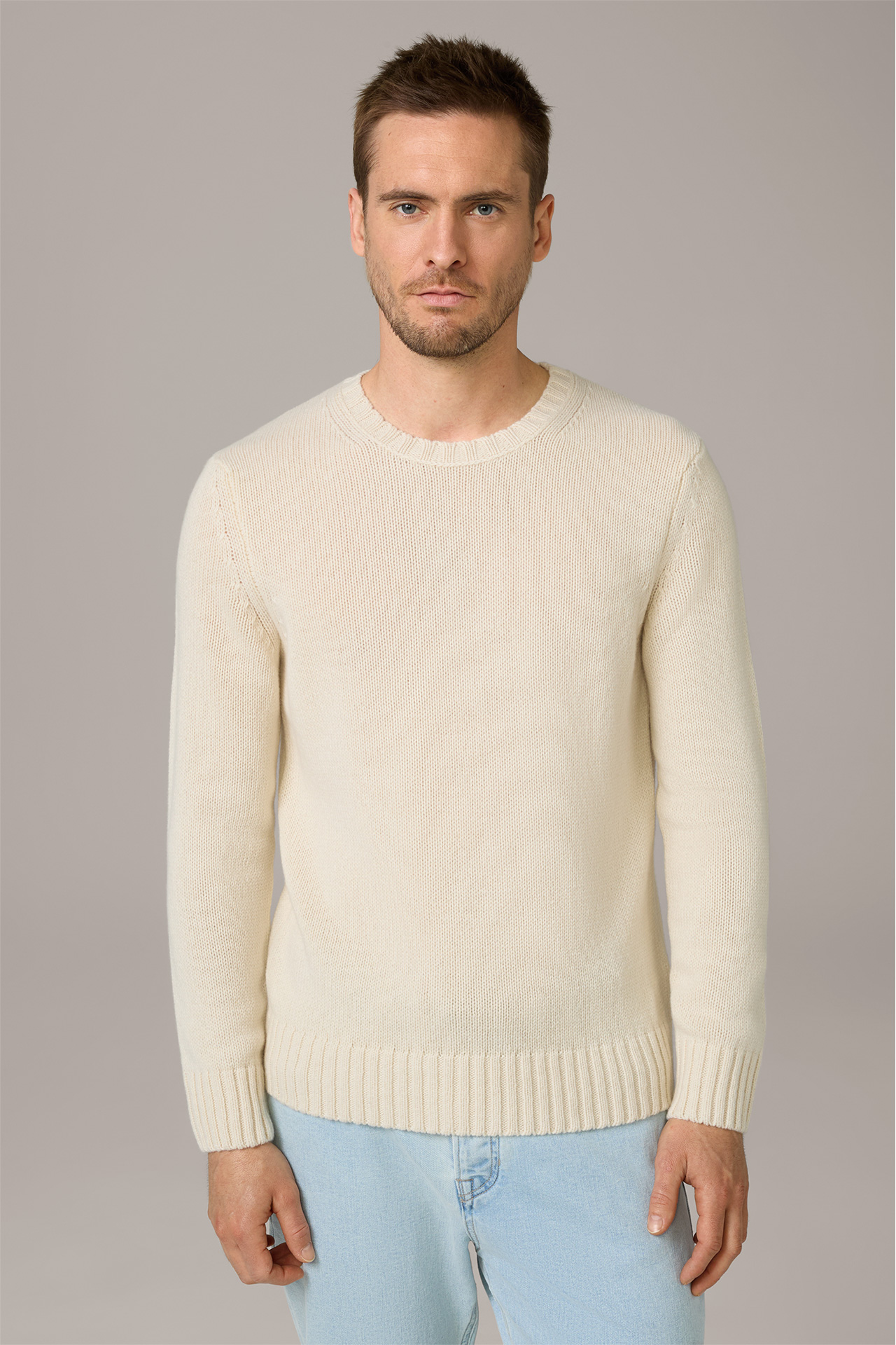 Cashmere-Strick-Rundhals-Pullover Ecosio in Wollweiß