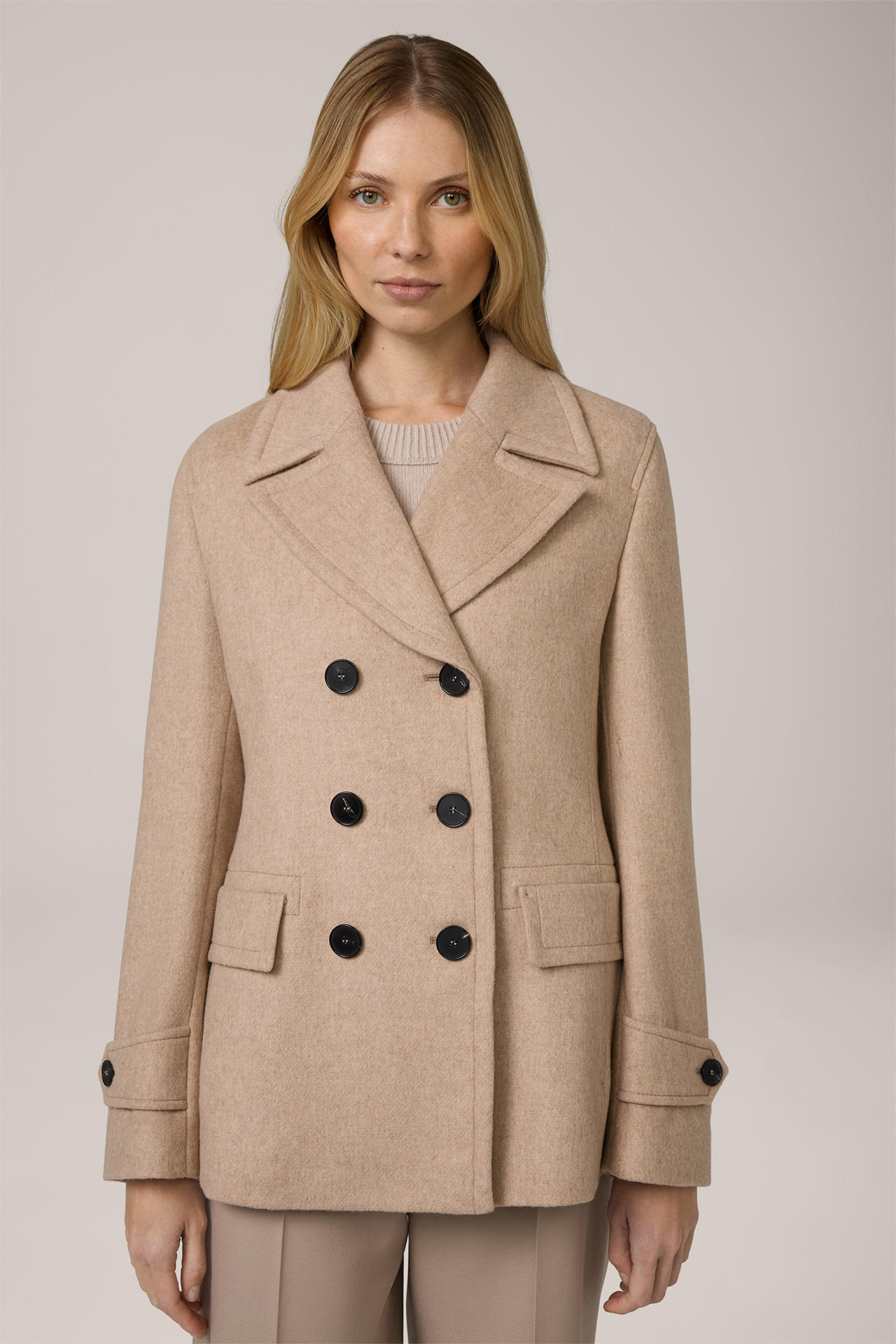 Wollmix-Caban-Jacke mit Cashmere in Beige meliert