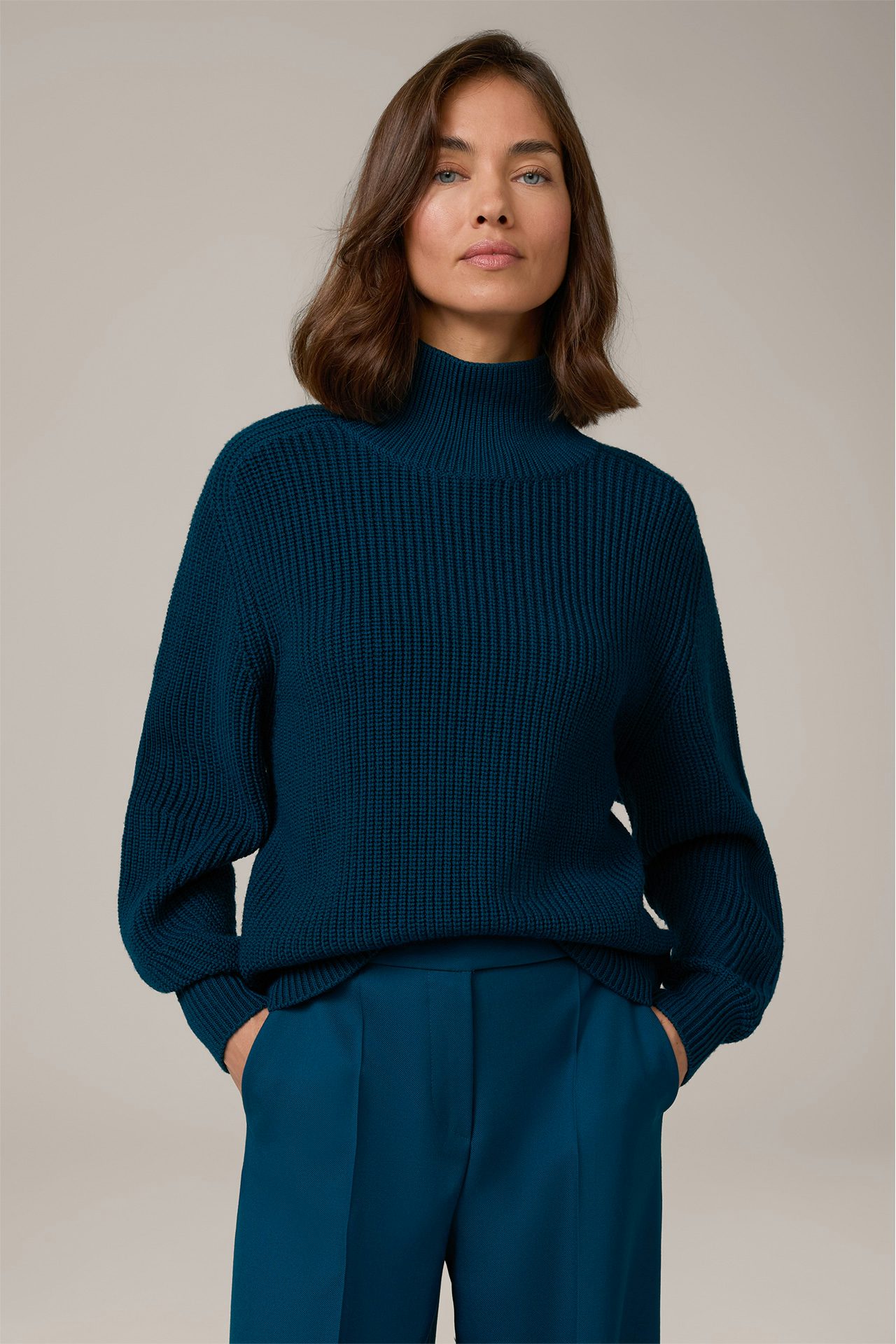 Merino-Strick-Stehkragen-Pullover in Petrol