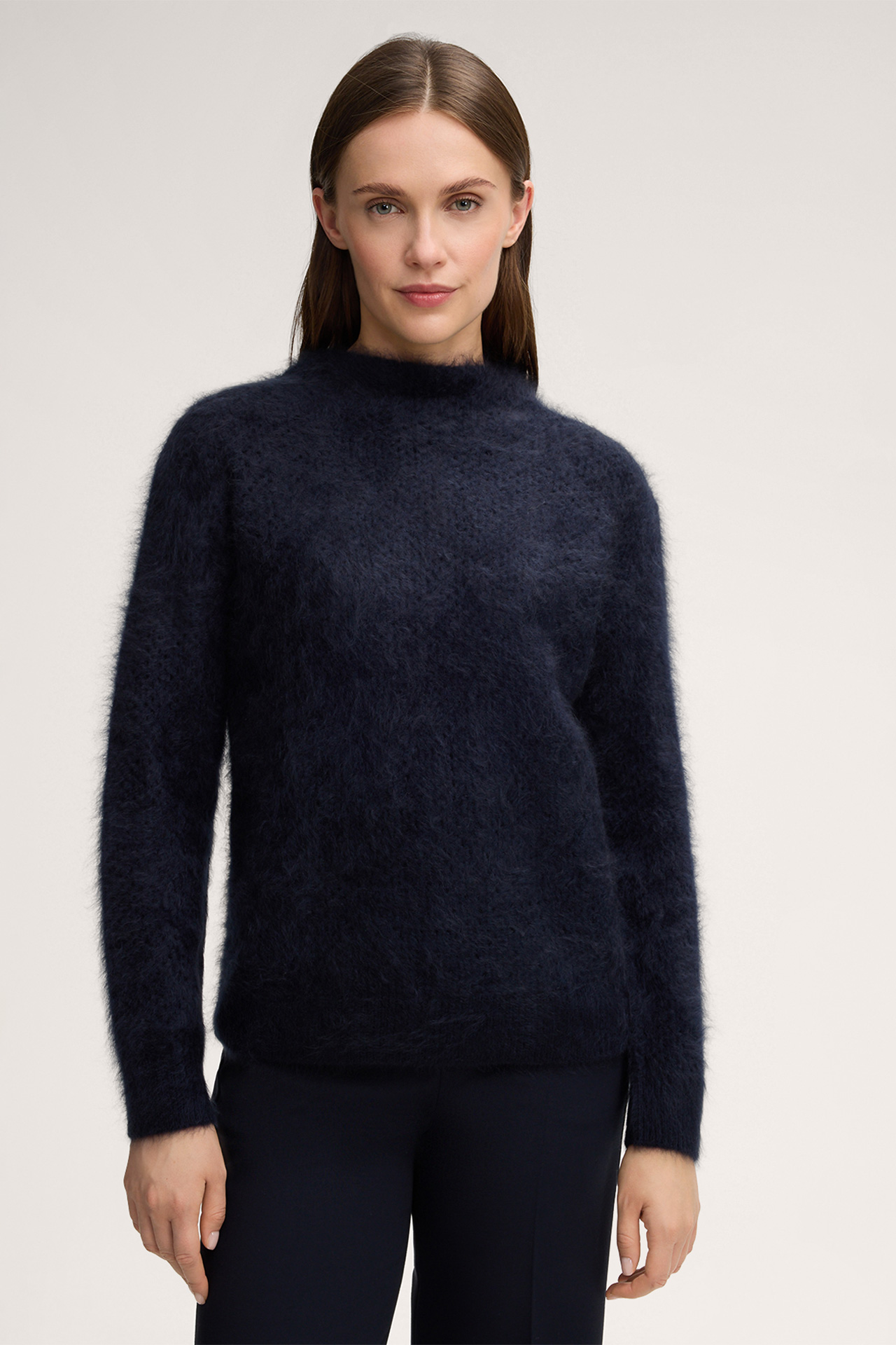 Brushed Cashmere Jumper with Stand-up Collar in Navy