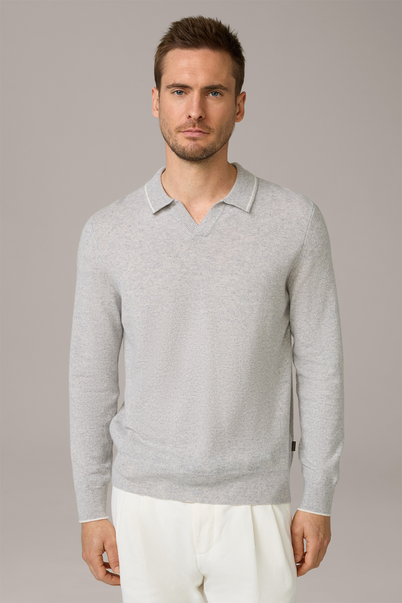 Cashmere-Langarm-Polo Cashmono in Grau meliert