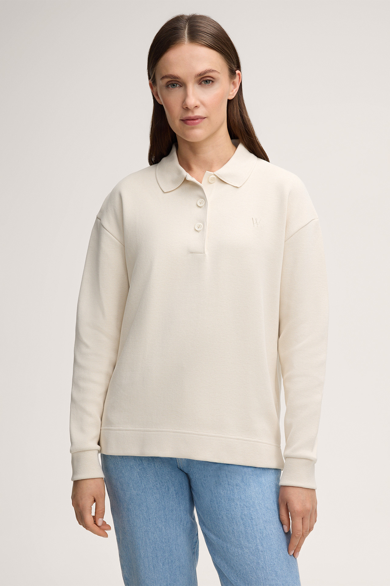Double Knit Jersey Pullover with Polo Collar in Cream