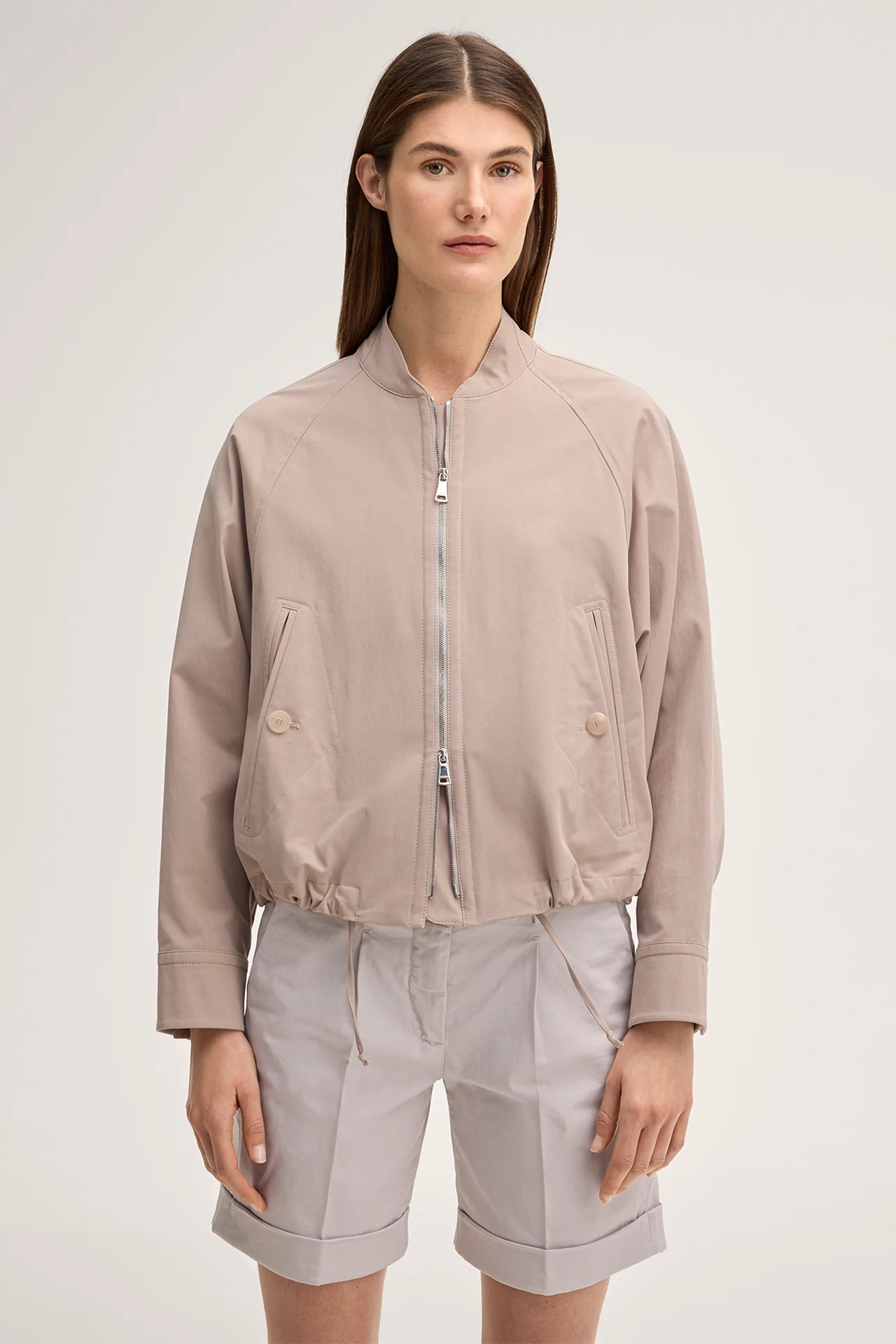Baumwollstretch-Gabardine-Blouson-Jacke mit Zipper in Taupe