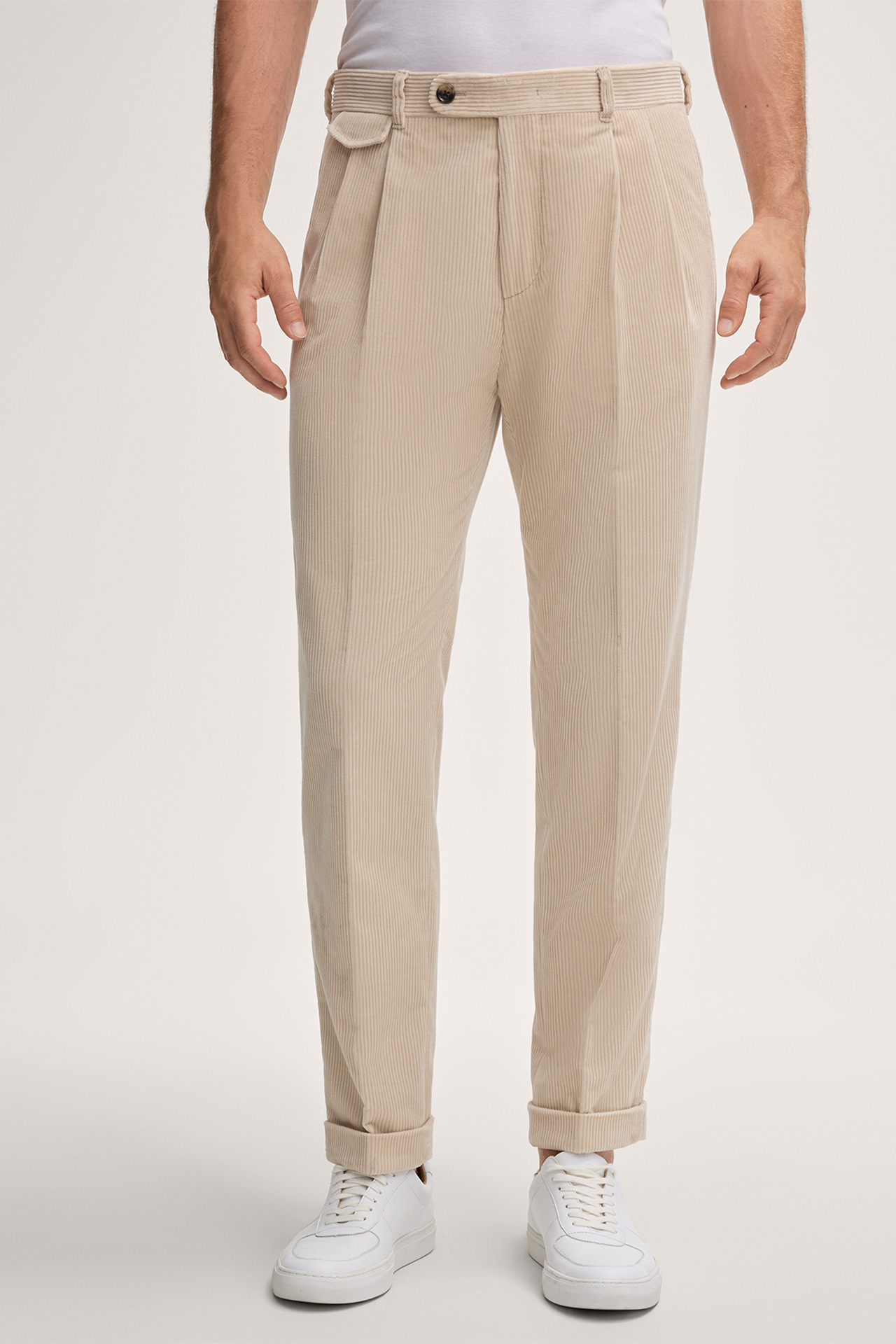 Sapo Pleat-front Corduroy Modular Trousers in Beige