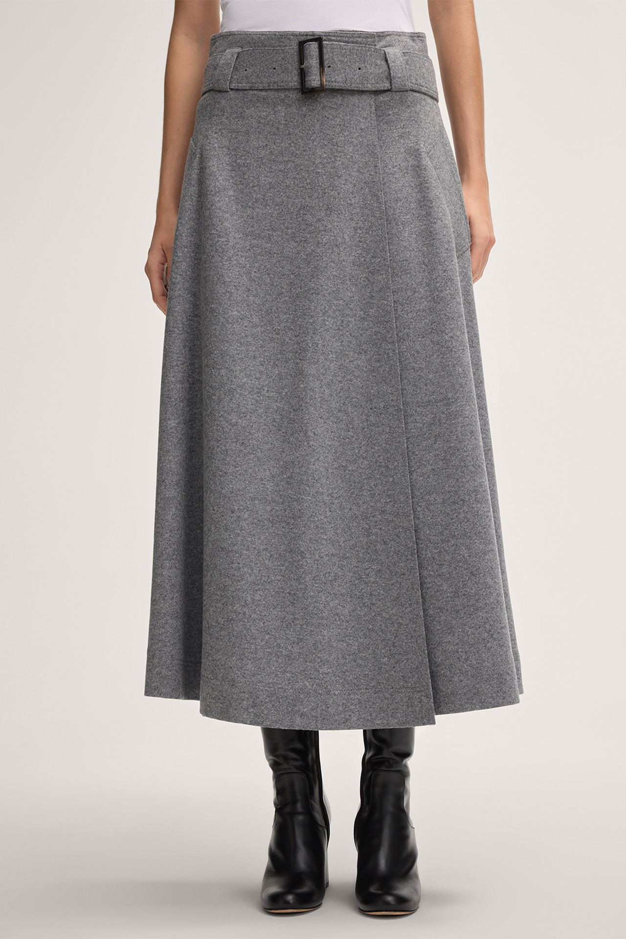 Wolljersey-Midi-Rock mit Gürtel in Grau