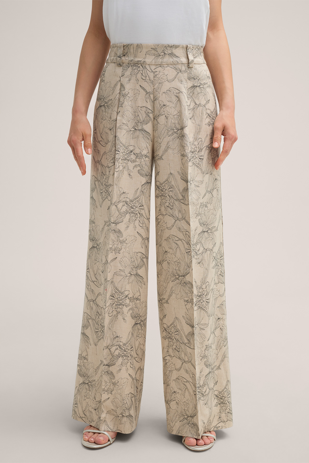 Viskose-Leinenmix-Print-Palazzo-Hose in Beige-Schwarz gemustert