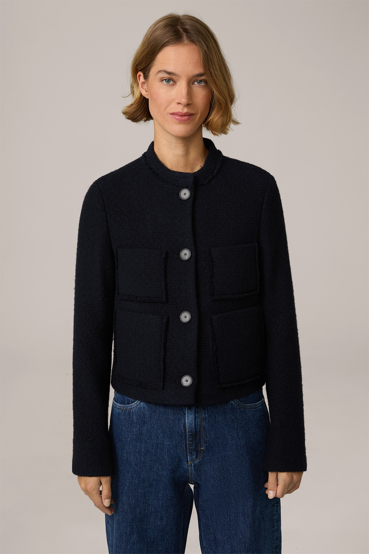 Tweed-Kurzblazer-Jacke in Navy