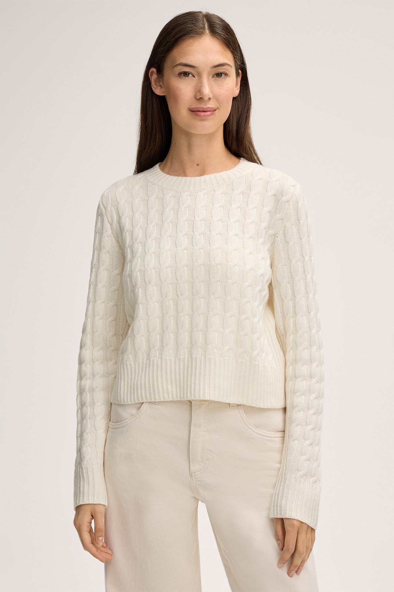 Schurwollmix-Rundhals-Pullover mit Cashmere und Zopfmuster in Creme
