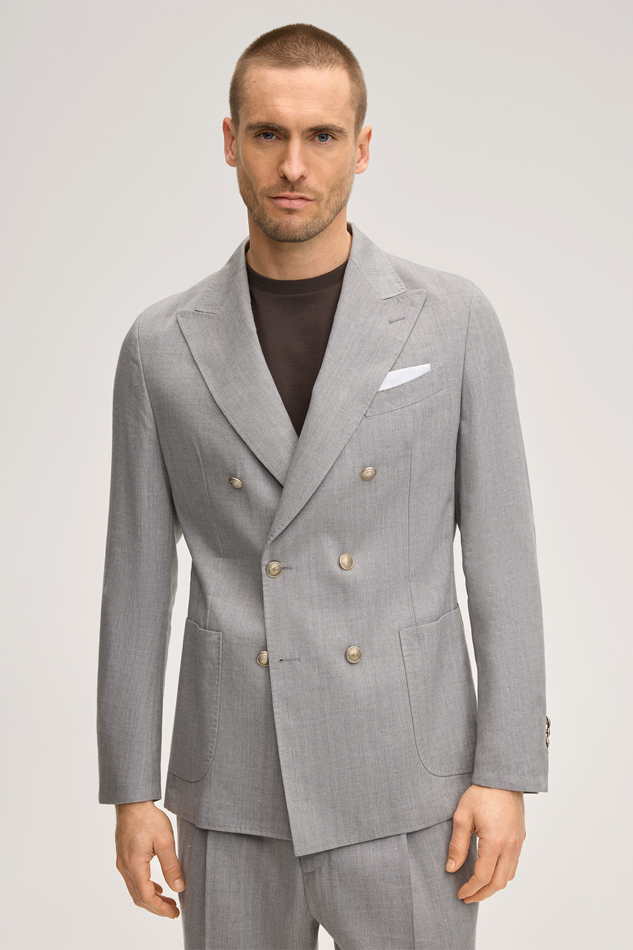 Salio Modular Double-breasted Jacket in a Virgin Wool Blend with Linen in Grey
