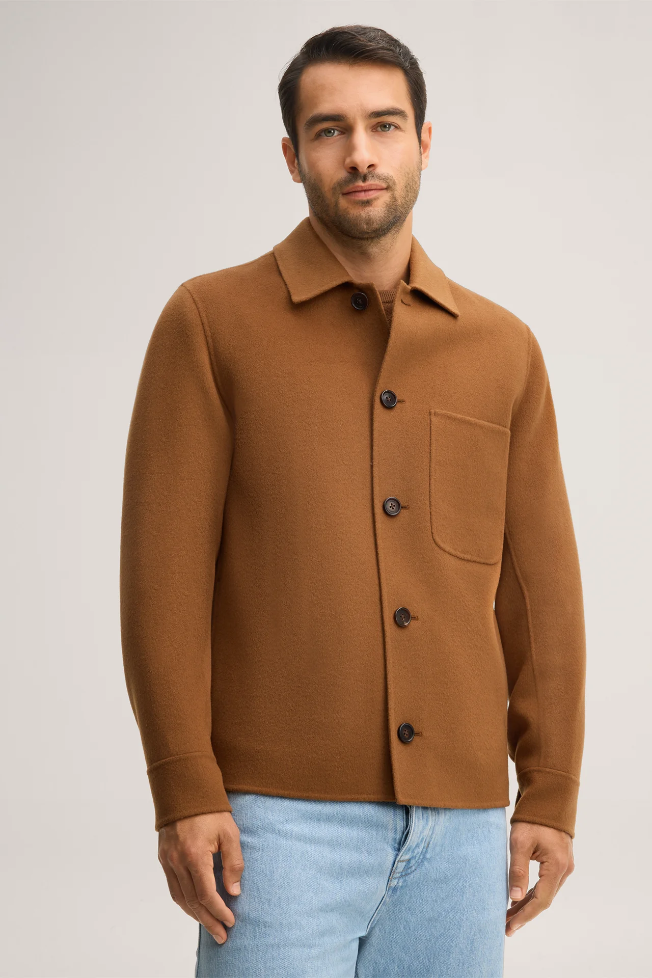 Double-faced woollen overshirt with a shirt collar in brown