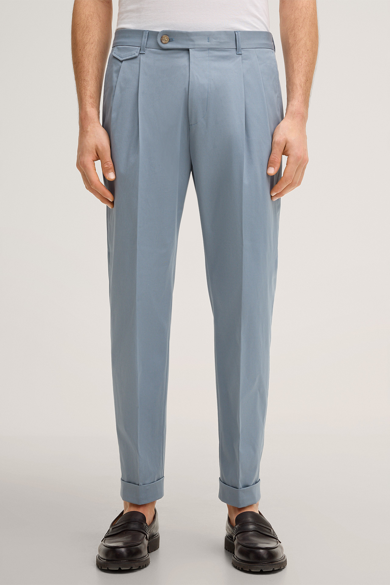 Sapo cotton blend modular trousers with a pleat on the waistband in light blue