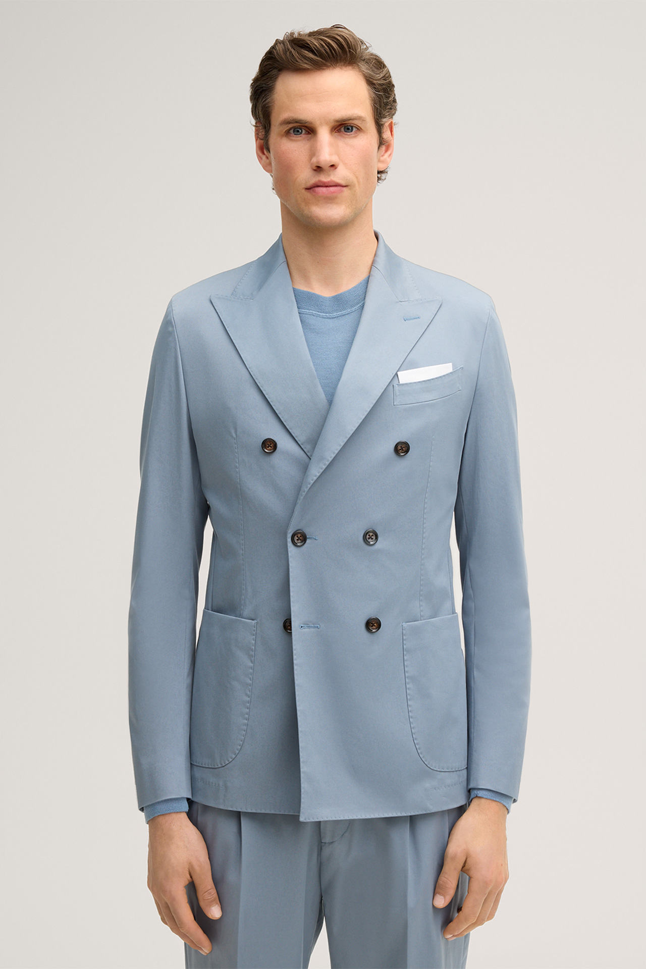 Salerno double-breasted modular suit in light blue cotton blend