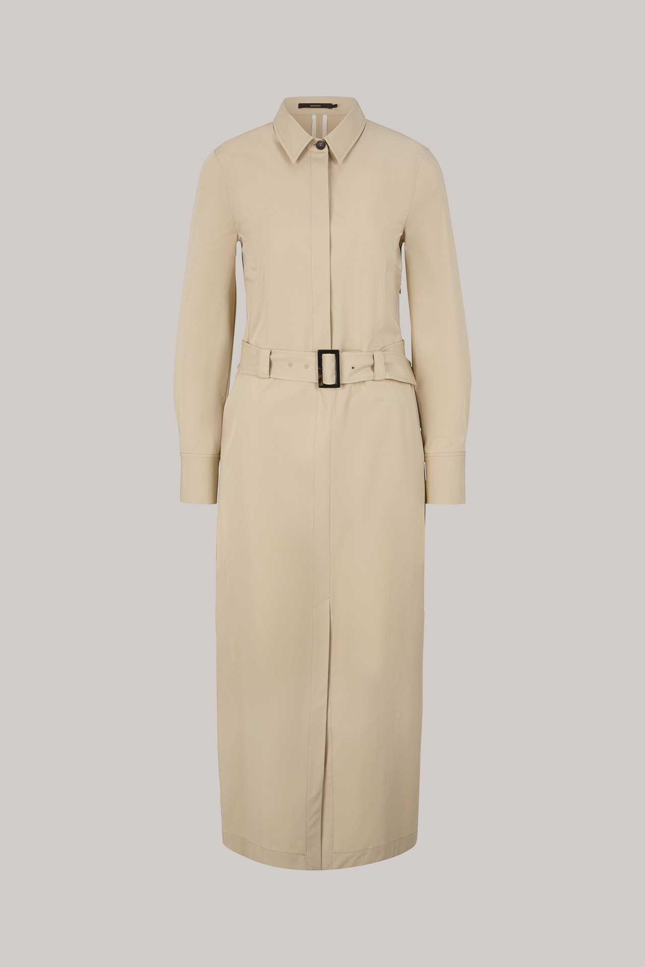 Baumwollstretch-Gabardine-Hemdblusen-Kleid in Midi-Länge in Beige