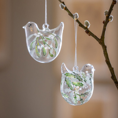 Holly & Mistletoe Glass Bird Baubles