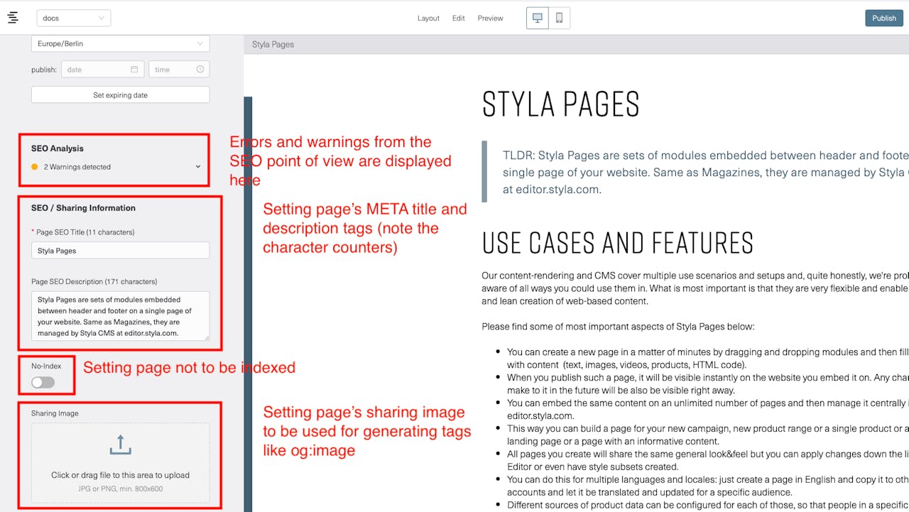 A screenshot of Styla Editor UI showing SEO-related features: setting META title, description, setting to noindex and setting a sharing image
