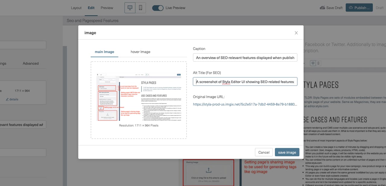Styla Editor UI in which you set image ALT tags