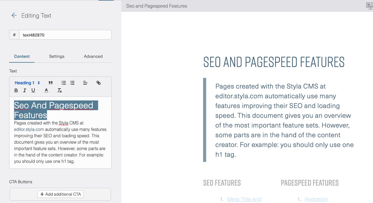 Styla Editor UI showing how you set headline tags
