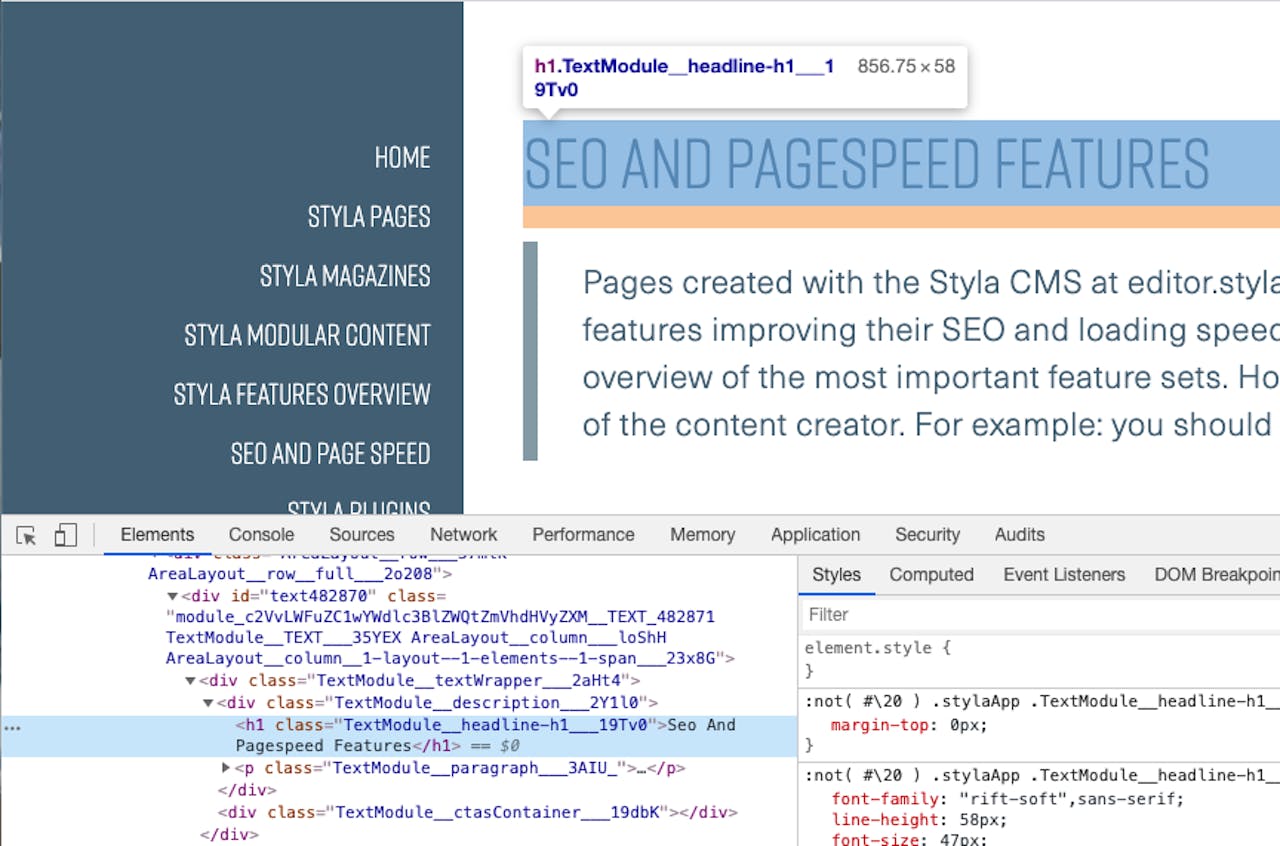 Styla front-end displaying the headline set in Editor including HTML code rendered in browser console