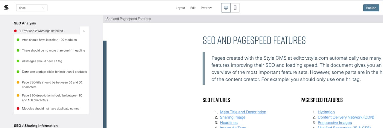 Styla Editor UI showing results of SEO check with some OKs, warnings and errors 
