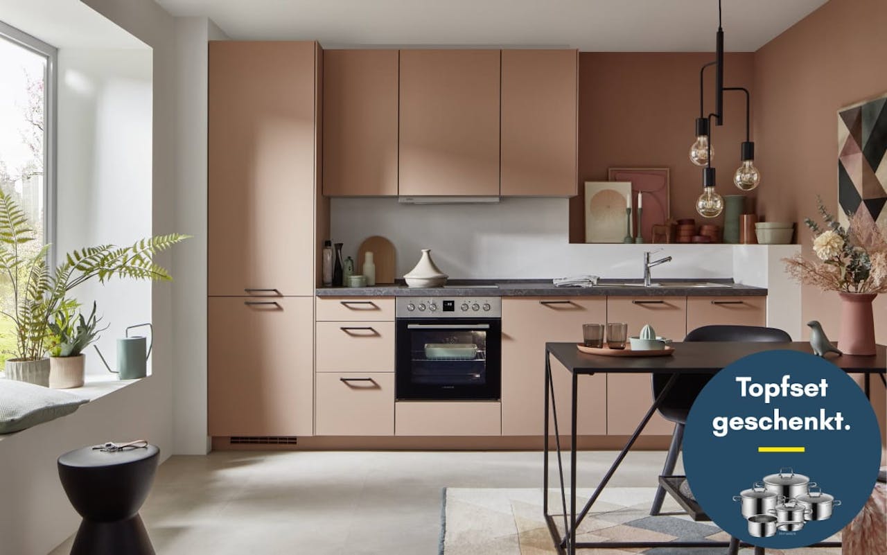 Einbauküche Senso, koralle/Nussbaum Nachbildung, inkl. Elektrogeräte