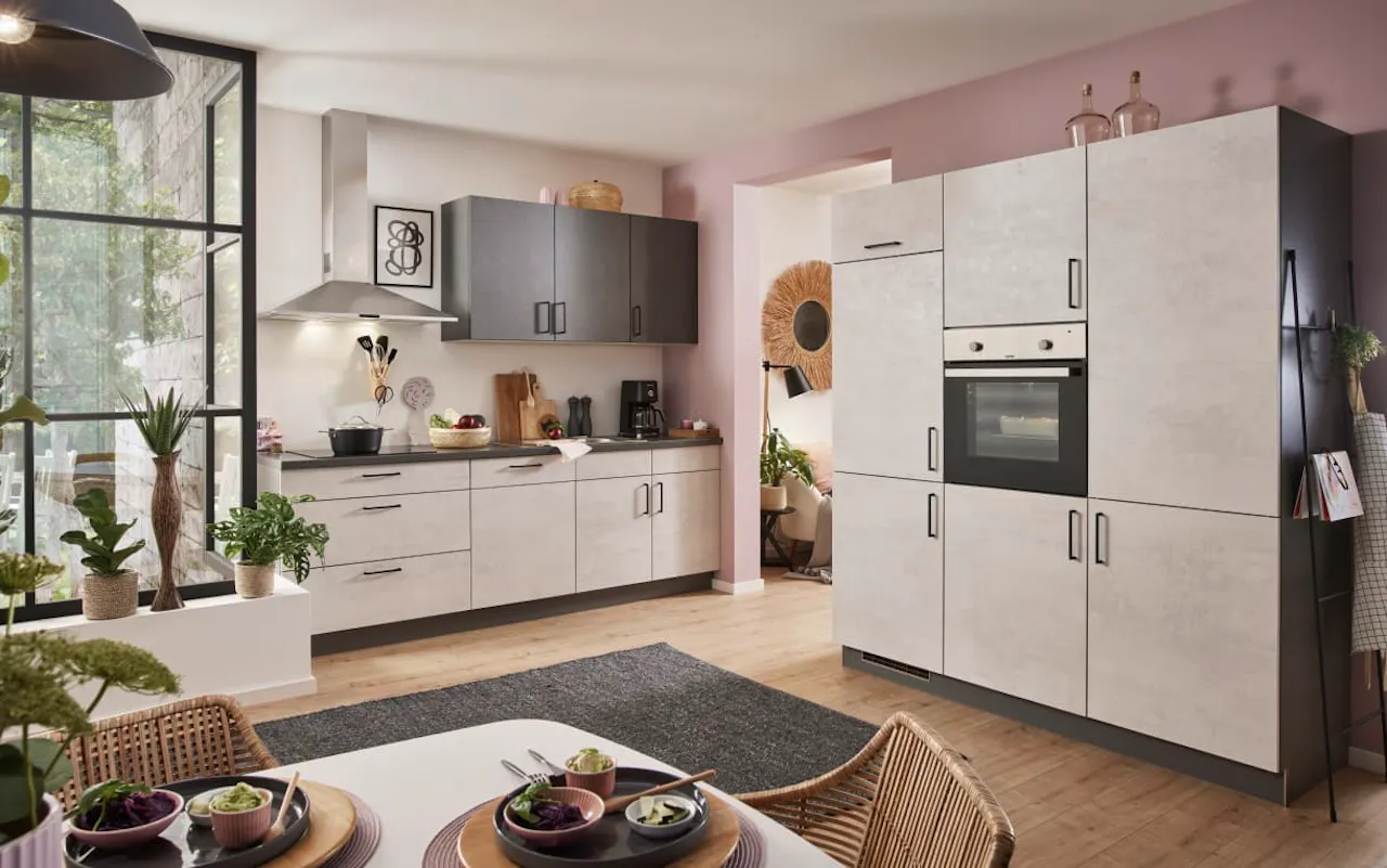 Einbauküche Bailo, Beton steinweiß, inkl. Elektrogeräte