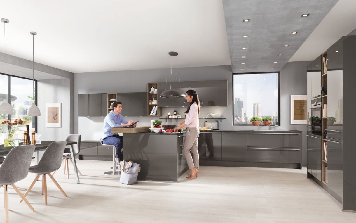 Einbauküche Lux, schiefergrau Hochglanz Lack, inklusive Elektrogeräte