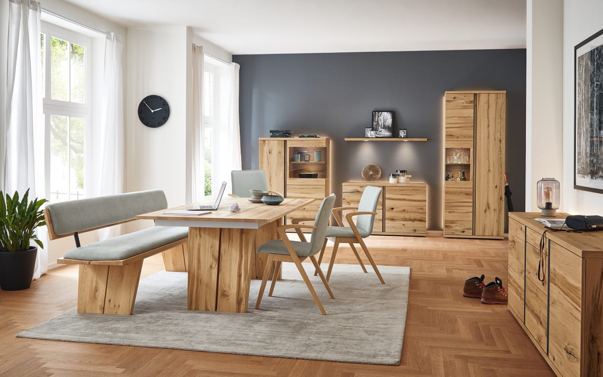 Stuhl-Bankgruppe Kate/Impulse/ET179 in Eiche rustico hell geölt, inklusive Klappeinlage