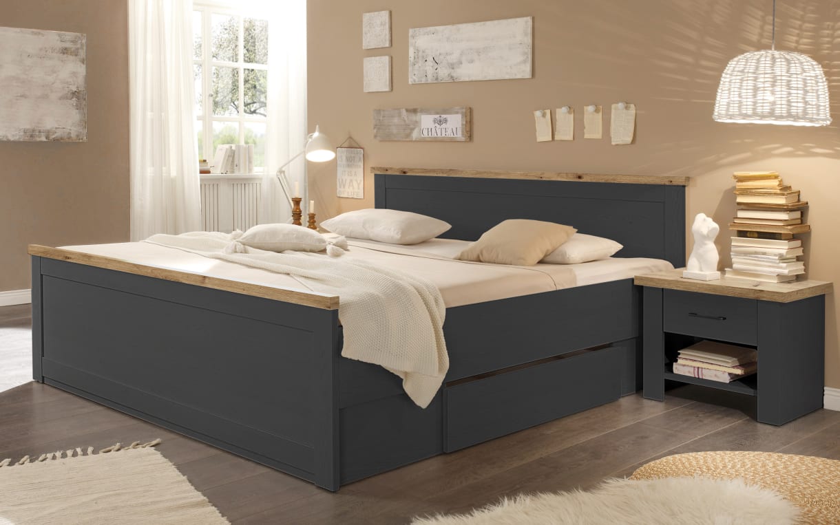 Bettanlage Locarno in graphit, Artisan Eiche, mit Nachttischen und Bettschubkästen, Liegefläche ca. 180 x 200 cm