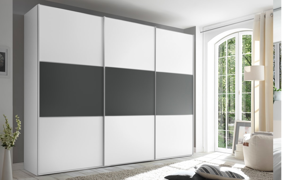 Schwebetürenschrank Lento in weiß/vulkan, mit umfangreicher Zusatzausstattung, Breite ca. 249 cm